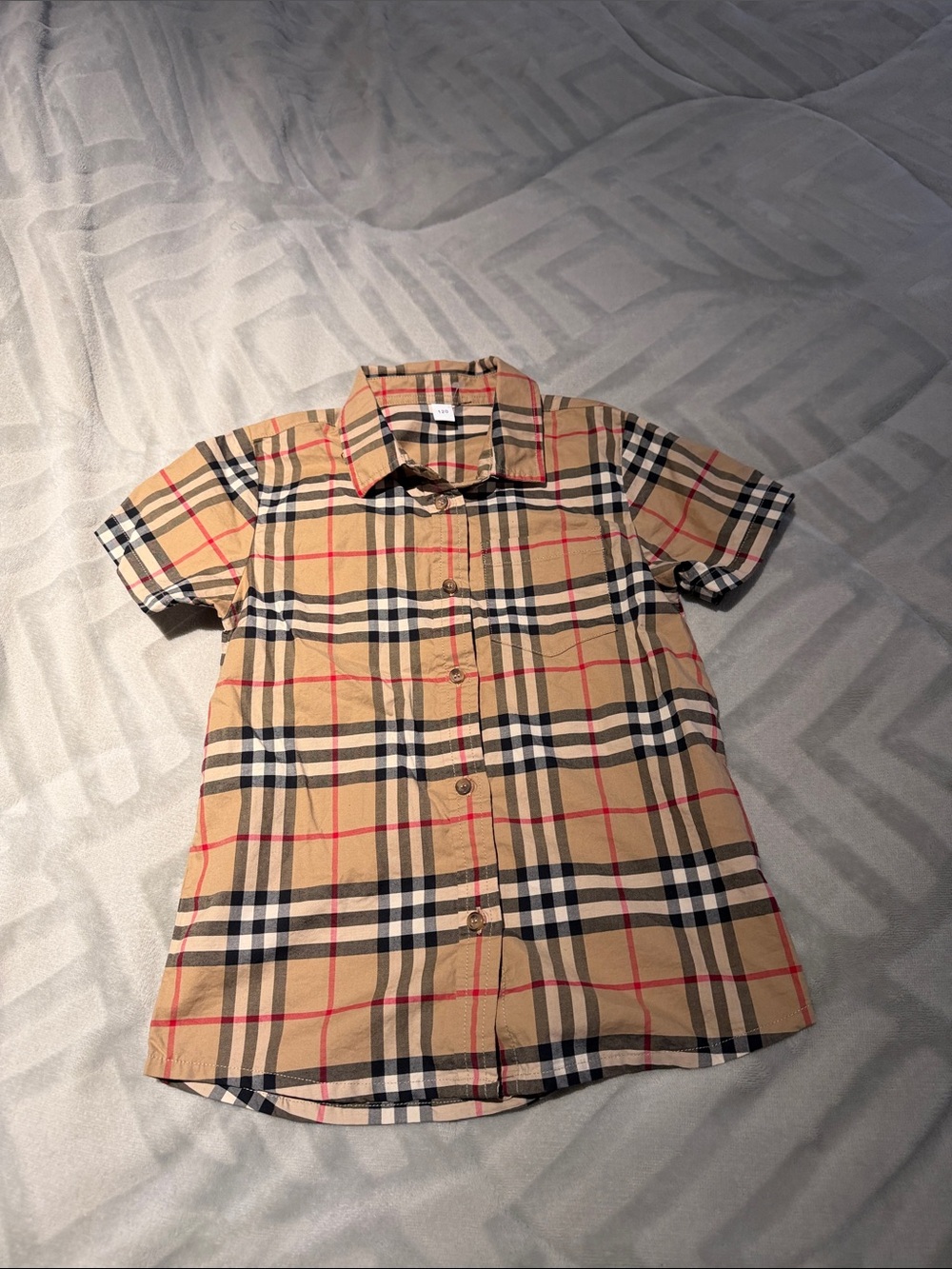 Kids Short Sleeve Plaid Button-Up Shirt - Beige/Red/Black top